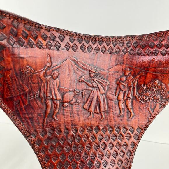 Vintage Leather Tripod Stool Seat Cover Embossed Hand Tooled - Picture 3 of 8